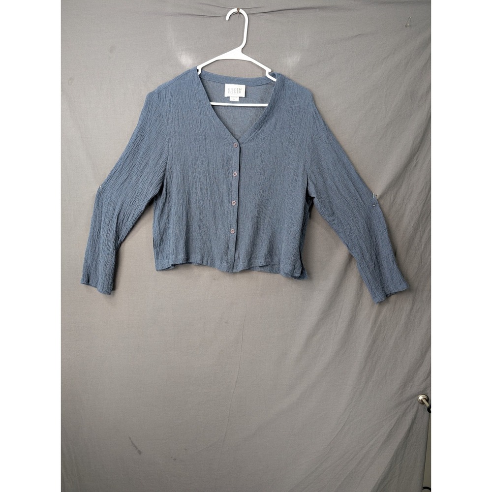 Eileen Fisher Womens Medium Blue Crinkle Textured‎ V-Neck Button Front Cardigan